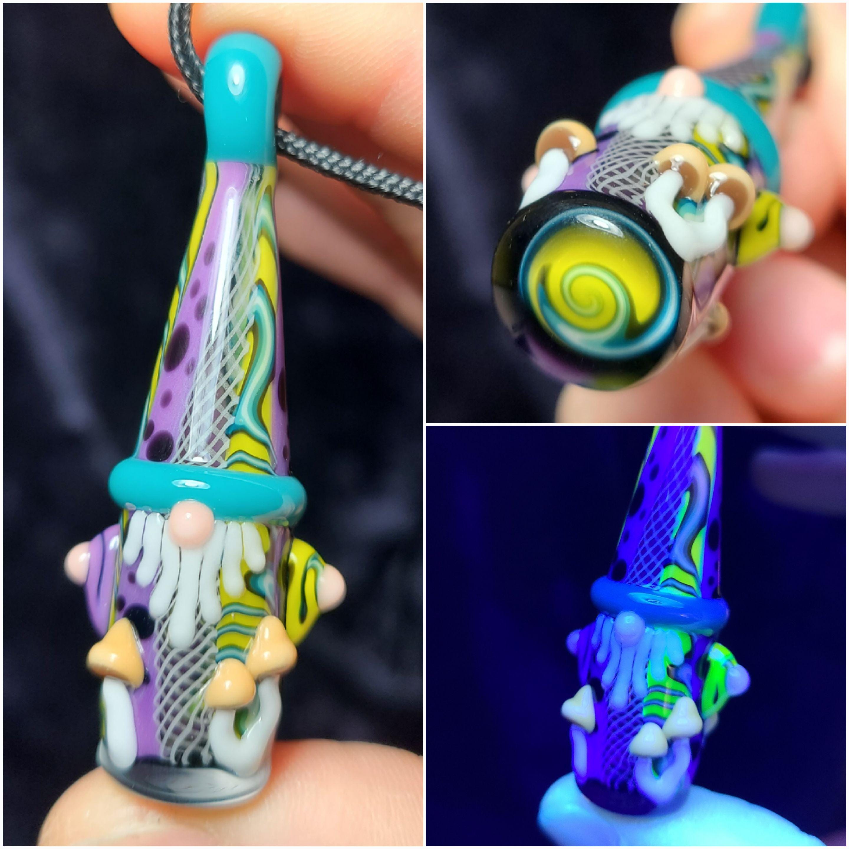 UV Reactive Psychadelic Mushroom Gnome Glass Pendant