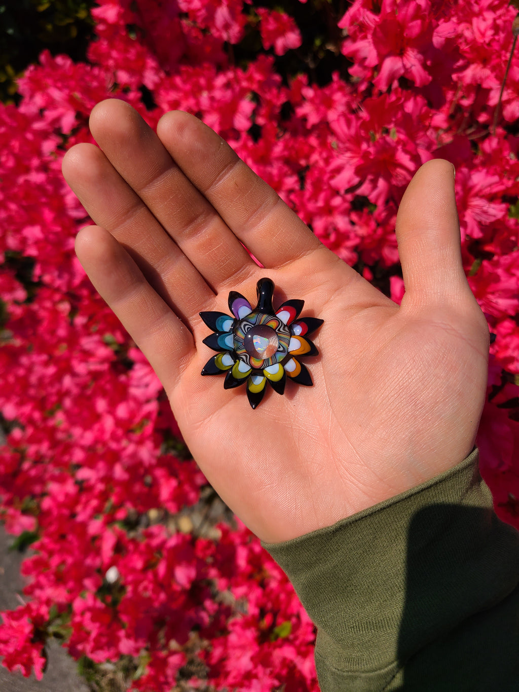 Rainbow Opal Flower Lens Glass Pendant