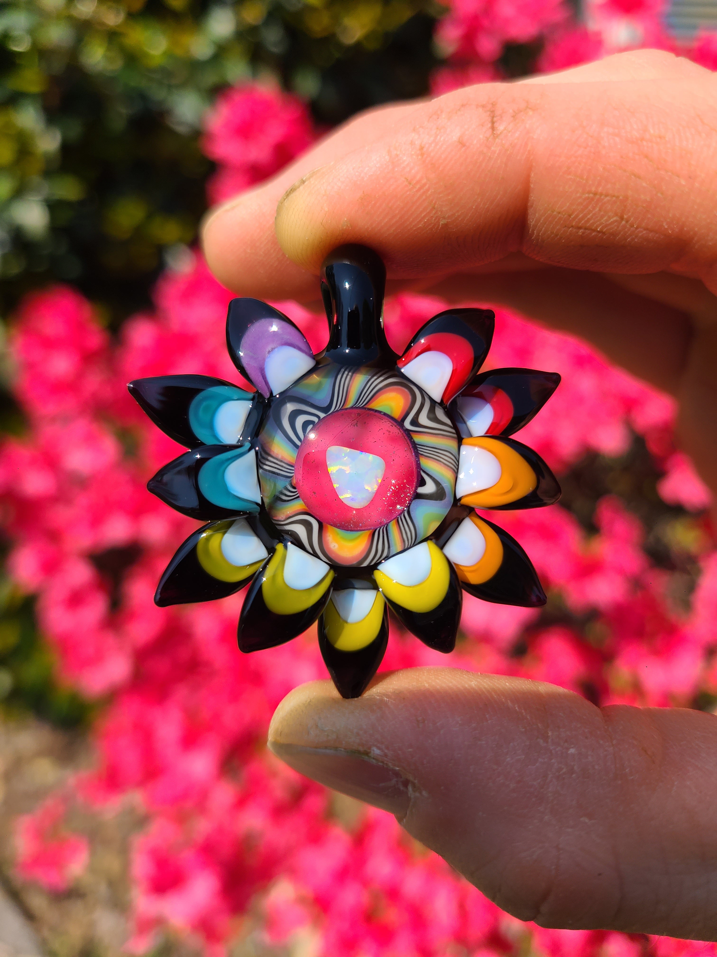 Rainbow Opal Flower Lens Glass Pendant
