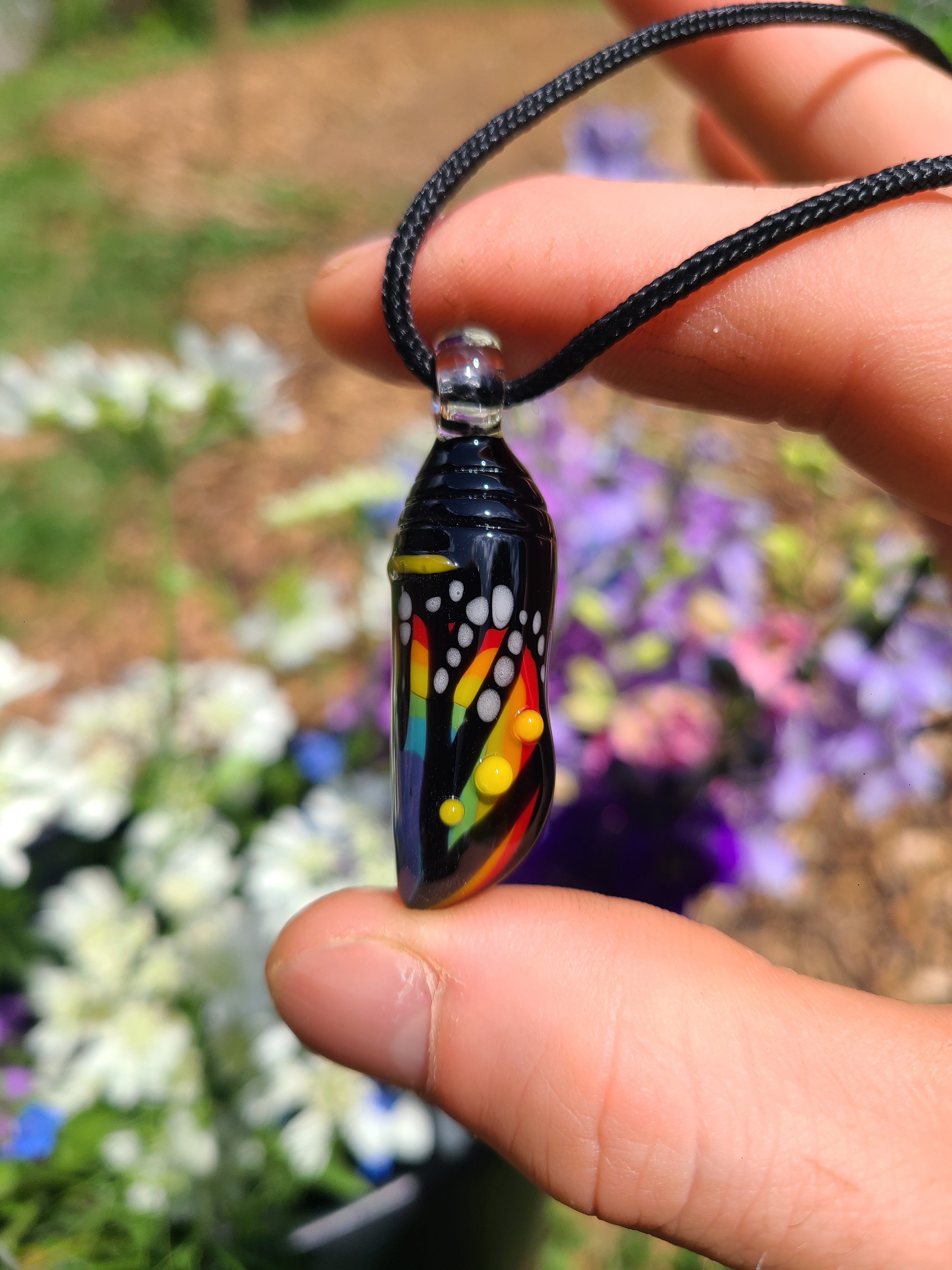 Rainbow Monarch Chrysalis Glass Pendant